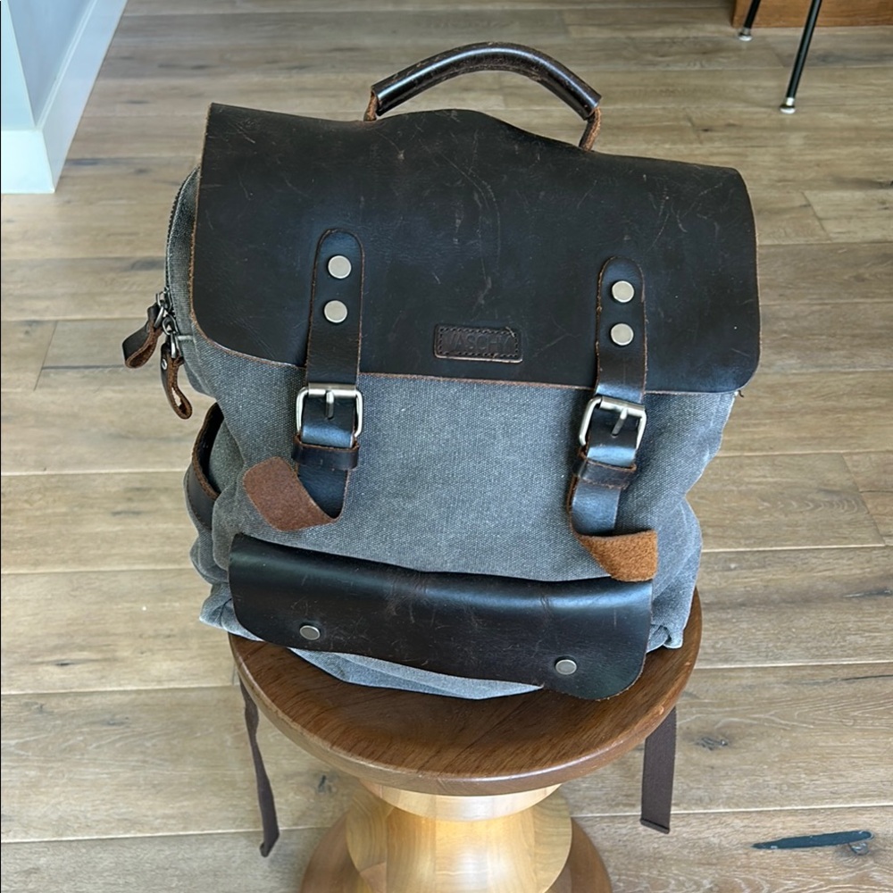 Stylish Vaschy Gray and Brown Leather Canvas Backpack